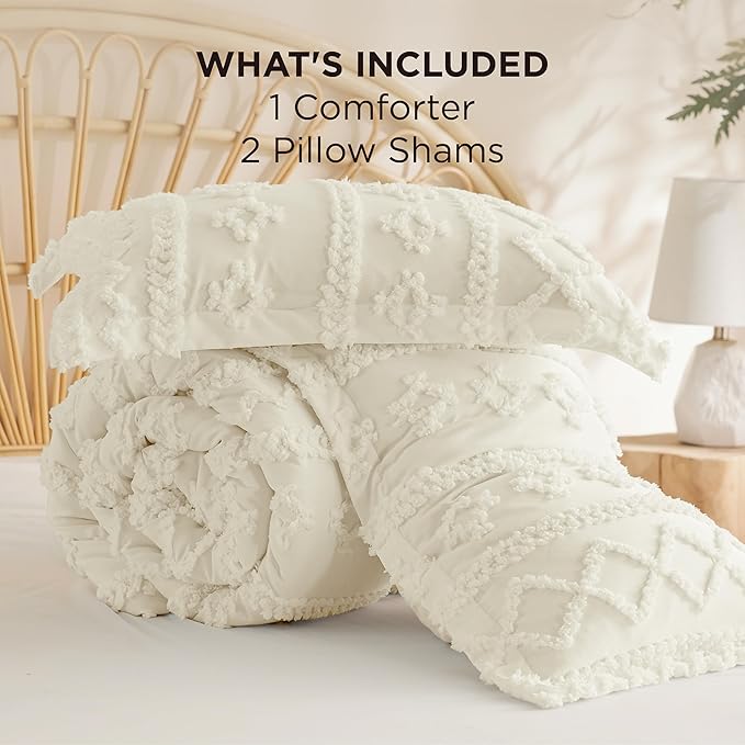 Bedsure Tufted Boho Comforter Set Full Size - Ivory Boho Bed Set, GentleSoft™ 3 Pieces Farmhouse Shabby Chic Embroidery Bedding, Gifts for Woman, Soft Jacquard Full Comforter for All Seasons