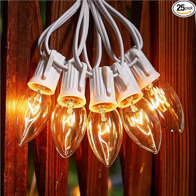 Minetom C9 Clear Christmas String Lights, 25FT 25 Blubs Bright & Warm Outdoor Christmas Lights, Long Life C9 String Lights for Tree Patio Gazebo Wreath, White Wire