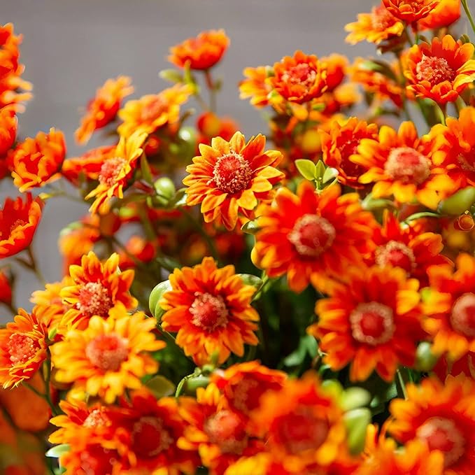 Artificial Mums for Outdoors, Faux Sunset Mum Flowers Planters for Indoor Outside Decor, Fake Look Real, Vibrant, UV Resistant, Waterproof, Windproof (Yellow, 10 Bundle)