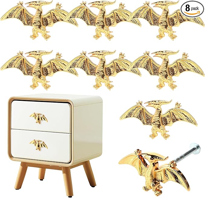 8 Pack Metal Dinosaur Knobs for Kids Furniture - Flying Dino Gold Finish Drawer Pulls & Cabinet Handles, Scratch-Resistant (Pterodactyl)