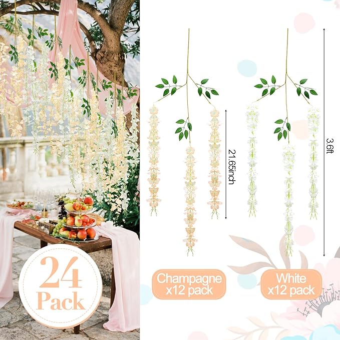 Giegxin 24 Pcs Artificial Wisteria Hanging Flowers 3.6 ft Artificial Fake Wisteria Vine Rattan Hanging Garland Silk Flowers String for Wall Home Wedding Party Greenery Decorations (Champagne,White)