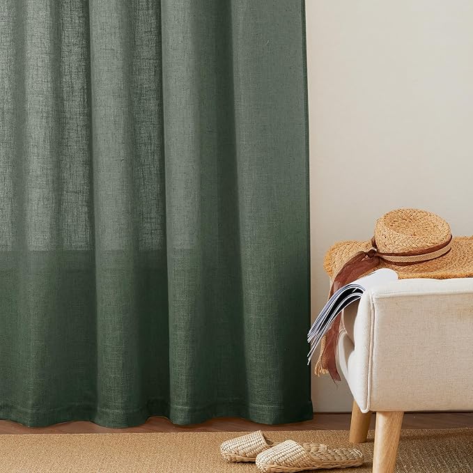RYB HOME Linen Blended Curtains - Back Tab Vintage Thick Linen Burlap Light Filtering Decorative Sheer for Bedroom Living Room Home Office, W 52" x L 102", 2 Pcs, Hunter Green