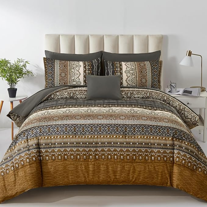Cottolester Boho Queen Comforter Set 8 Pieces,Brown Black Bohemian Comforter Paisley Striped Bed in A Bag,Soft Microfiber Bedding Set for All Season