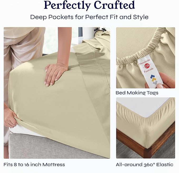 California Design Den 6 Piece Queen Sheet Set with 4 Pillowcases - Soft 400 Thread Count Sateen, 100% Cotton Sheets Queen Size Bed Set with Deep Pockets, Cool and Durable Bedding - Beige (Golden Tone)
