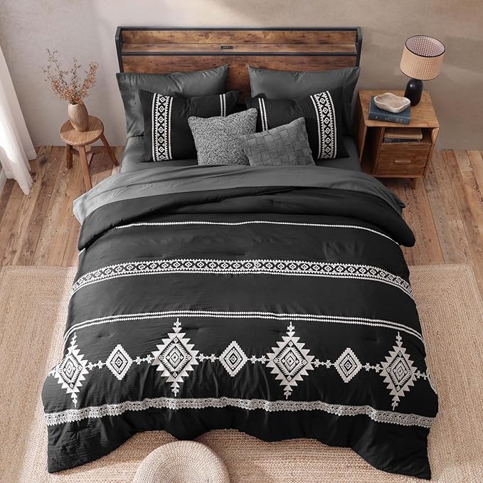 MaiRêve Embroidery King Size Comforter Set Black, Boho Farmhouse Western Bedding Set 7 Pieces, All Season Bed in A Bag Comforter Set with Sheets, Pillowcases & Shams