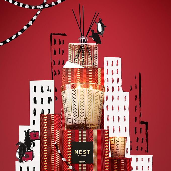NEST New York Reed Diffuser, Holiday - 5.9 fl oz - Fragrance for Up to 90 Days - Reusable, Refillable Glass Holder - Includes 8 All-Natural Reed Sticks - Flame Free