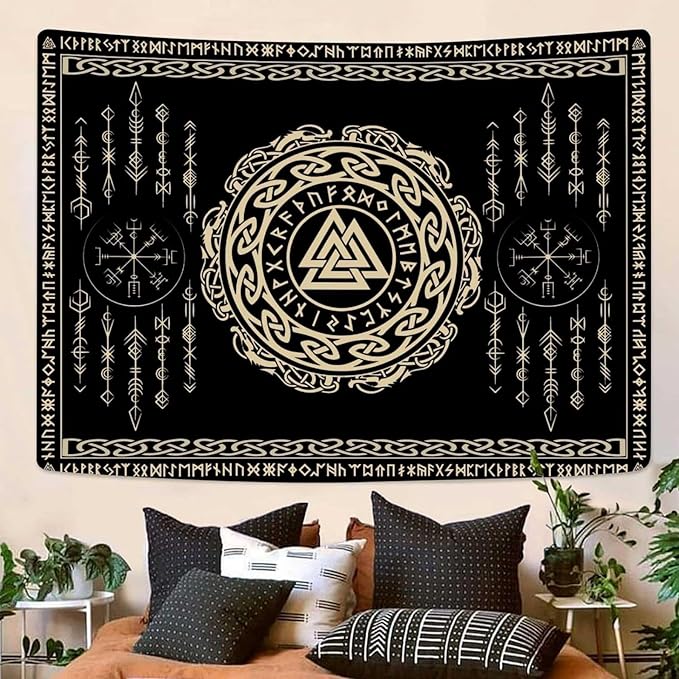 OSUNBD Nordic Viking Tapestry Wall Hanging - Large 93x71 inches Soft Flannel with Valknut, Celtic Runes & Norse Mythology Scandinavian for Bedroom, Living Room Decor