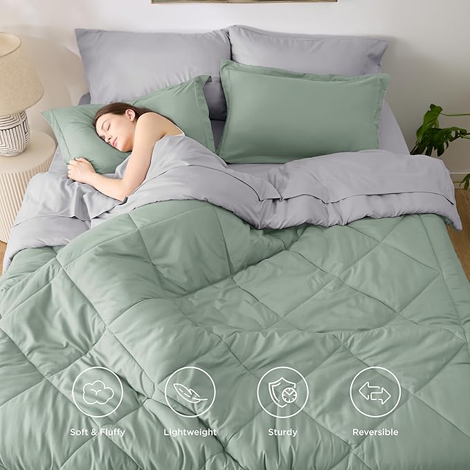 Bedsure King Size Comforter Set - 7 Pieces Reversible Sage Green Bedding, King Size Bed Set for All Seasons, Bed in a Bag with Down Alternative Comforter, Sheets, Pillowcases & Shams