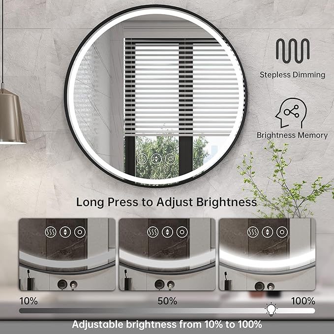 32 Inch Round Led Mirror, Bathroom Mirror with Lights, Black Metal Framed Frontlit Circle Mirrors for Wall with Anti-Fog, Memory Function, 3 Color Temperature, Dimmable Makeup Mirror