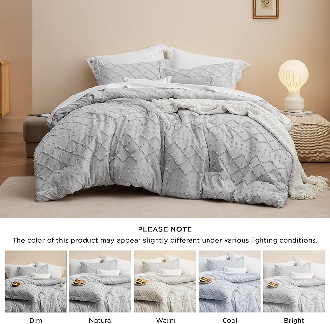 Bedsure King Comforter Set - Light Grey Comforter, Boho Tufted Shabby Chic Bedding for Kids, 3 Pieces Vintage Farmhouse Bed Set for All Seasons, Fluffy Soft Bedding with 2 Pillow Shams