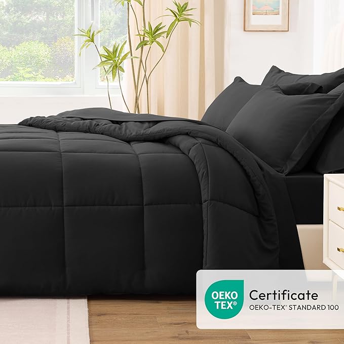 Love's cabin Full Comforter Set Ash Black, 7 Pieces Full Bed in a Bag, All Season Bedding Sets with 1 Comforter, 1 Flat Sheet, 1 Fitted Sheet, 2 Pillowcase and 2 Pillow Sham