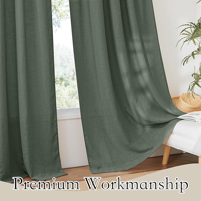 RYB HOME Green Linen Sheer Curtains 102 inches Long, Thick Heavy Textured Rod Pocket Machine Washable Privacy Assured for Living Room Bedroom, W 52 x L 102 inches, Hunter Green, 2 Panels