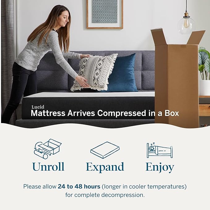 Lucid 8 Inch Memory Foam Mattress - Medium Firm Feel - Infused with Refreshing Bamboo Charcoal and Cooling Gel - Bed in a Box - Temperature Regulating - Pressure Relief - Breathable - Queen Size