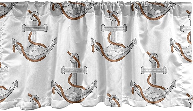Ambesonne Vintage Nautical Tattoo Window Valance, Repetitive Anchor and Motif Maritime Pattern, Curtain Valance for Kitchen Bedroom Decor with Rod Pocket, 54" X 18", Pale Cinnamon Pale Grey