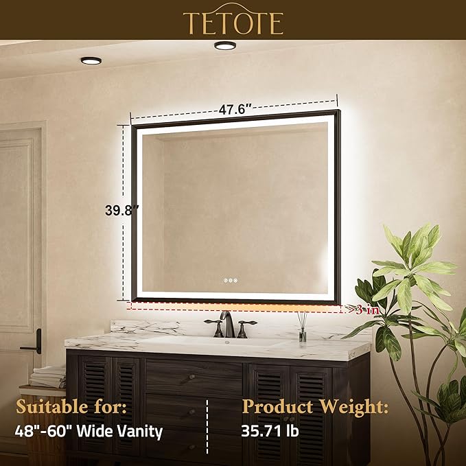 TETOTE 48x40 LED Bathroom Mirror with Lights Black Metal Frame Front & Back Light Vanity Mirror Baroque Antifog Stepless Dimmable White/Warm/Natural,CRI90+,Waterproof,Wall Mounted(Horizontal/Vertical)