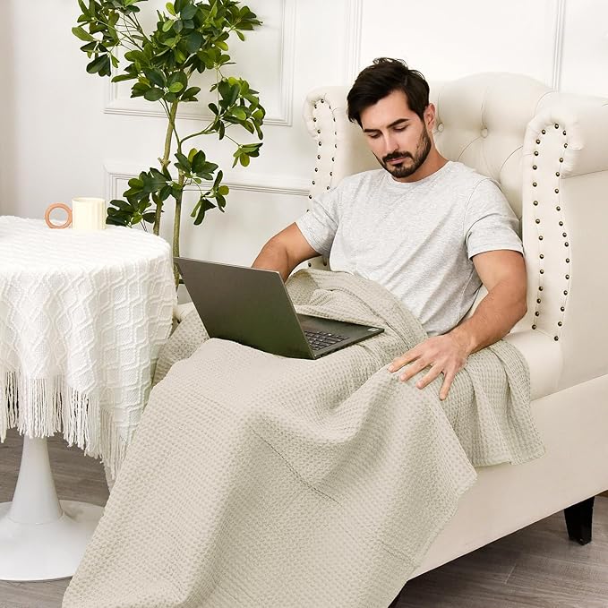 PHF 100% Cotton Waffle Weave Throw Blanket，Pre-Washed Snag Proof Lightweight Breathable Moisture-Wicking for Layering in Cold Weather for Couch Bed,Machine Washable,Home Decor Gift-Linen