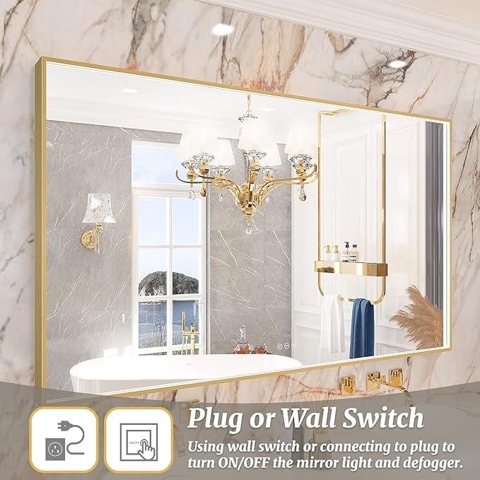 55x32 Inch LED Bathroom Mirror, Gold Metal Framed Lighted Mirror for Bathroom, Wall Mouted LED Vanity Mirror with Lights, 3 Colors and Stepless Dimmable, Anti-Fog, Memory