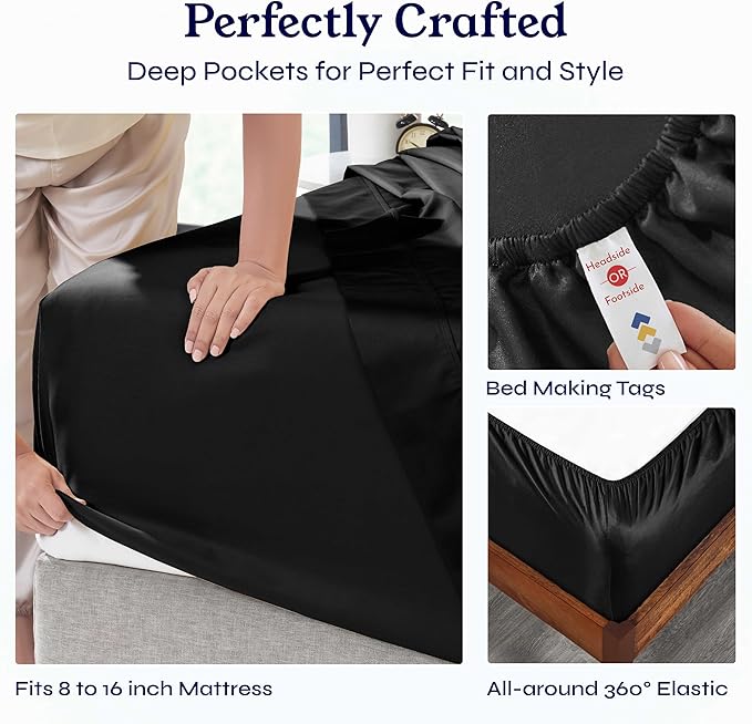 California Design Den Natural 100% Cotton Sheets, Soft Queen Sheet Set, 400 Thread Count Sateen, Deep Pockets with All-Around Elastic for a Snug Fit, Cool & Durable Bedding Set - Black