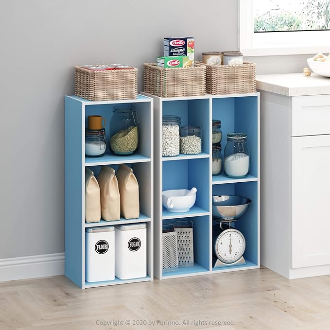 Furinno LUDER Book Shelf, 5-Cube Bookshelf, Reversible Bookcase, 9.4" x 19.5" x 31.5", for Living Room, Bedroom, Home Office, White/Light Blue