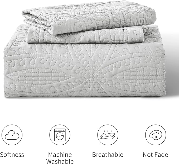 Love's cabin Quilts for Queen Bed Light Grey Bedspreads Bedding Set - Summer Lightweight Bedspread Comforter - Coin Pattern Bedding Coverlet for All Season - 3 Pieces (1 Quilt, 2 Pillow Shams)