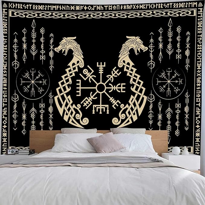 OSUNBD Nordic Vikings Tapestry, Large 10090 inches Soft Flannel, Vegvsir Symbol Twins Dragons Celtic Rune Scandinavian Aesthetic Mythology Tapestry Wall Hanging for Bedroom Living Room Decor