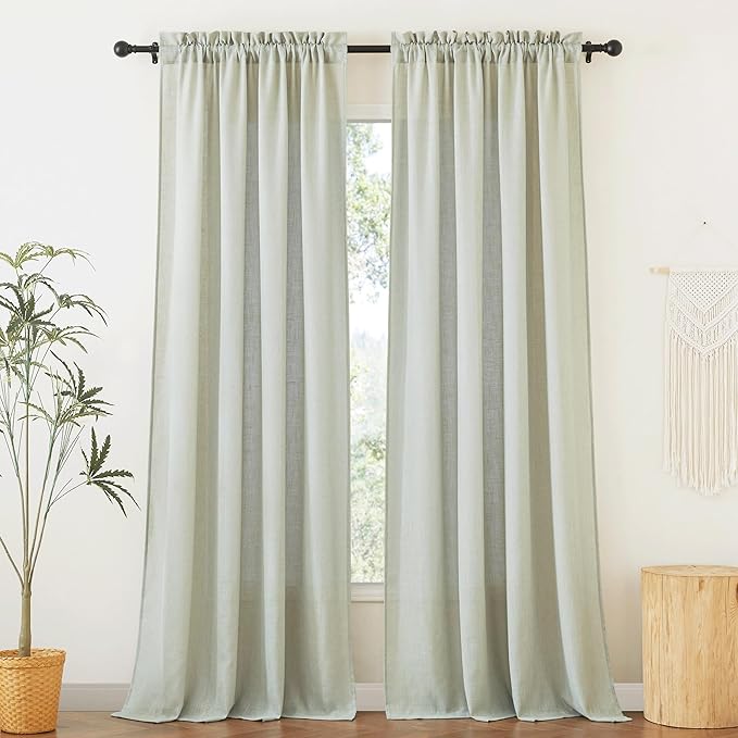 RYB HOME Linen Blend Curtains, Semi Translucent Privacy Protection Light Filtering Decorative Window Drapes for Living Room Bedroom Laundry Room, W 70 x L 95 inches, Sage Green, 2 Panels