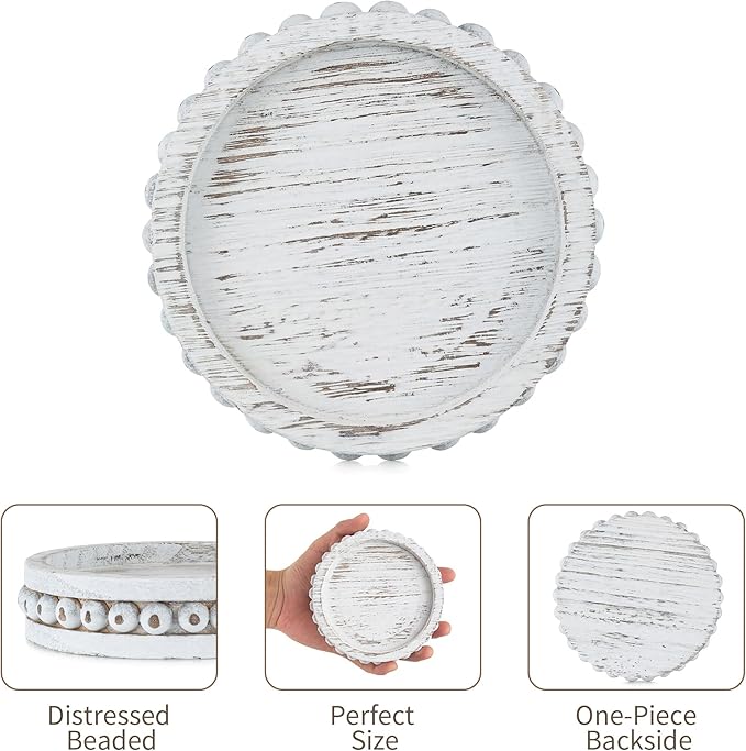 Hanobe Wood Plate Candle Holder: Small Candle Plate Set of 3 Decorative White Washed Beaded Holders Tray Round Candle Stick Holders Farmhouse Table Centerpiece for Fireplace Dining Room Home Decor