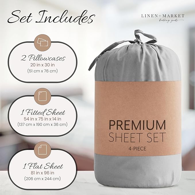 Linen Market Double-Brushed Microfiber Full Sheet Set 4 Piece – Oeko-TEX Certified Ultra Soft & Wrinkle-Free - 16" Deep Pocket Sheets - Easy Care Full Size - Light Gray