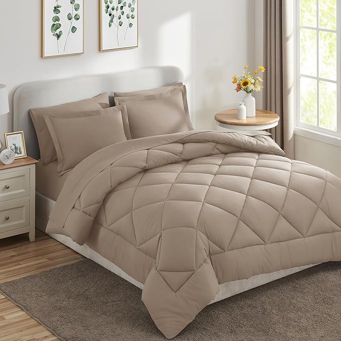 CozyLux King Size Comforter Set Khaki - 7 Pieces Bed in a Bag King, Luxury Soft Bed Set for All Seasons, Bedding Set with Down Alternative Comforter, Sheets, Pillowcases & Shams