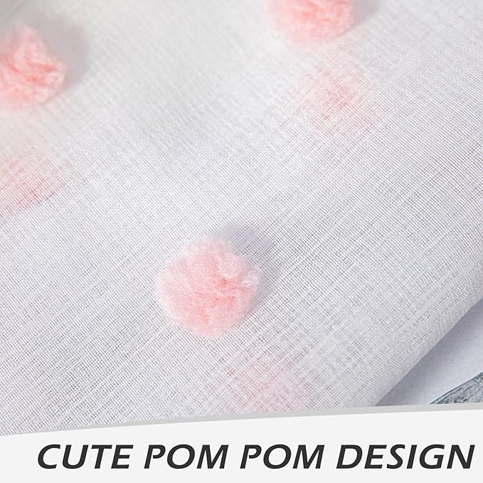 MYSKY HOME 45 Inches Kitchen Curtains Small Window Curtains for Bathroom Cafe Bedroom Pink Pom Pom White Sheer Curtains for Nursery Room Rod Pocket 2 Pieces Drapes 52 x 45 inch Length