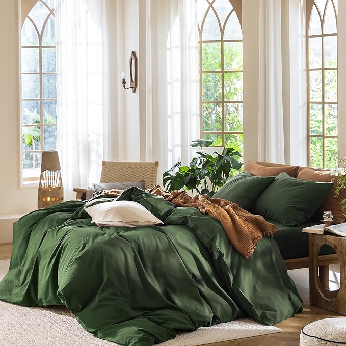 MooMee Bedding Duvet Cover Set 100% Washed Cotton Linen Like Textured Breathable Durable Soft Comfy (Solid Forest Green, Full 80"x90")