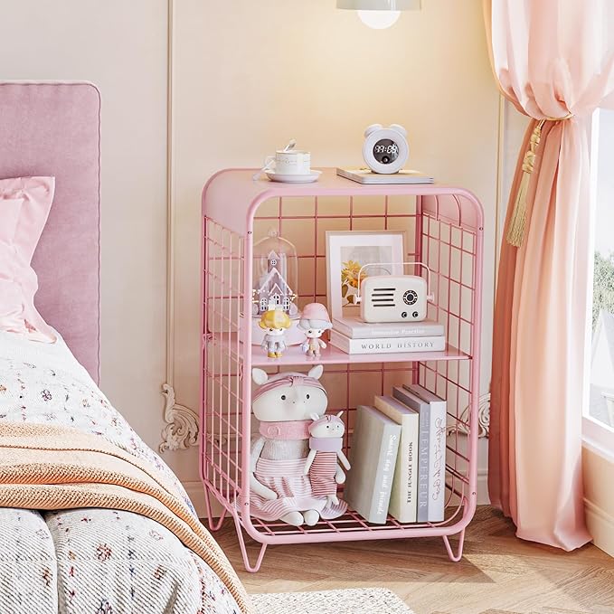 APEXCHASER Cute Kids Pink Nightstand,Metal Side Table,3 Tier End Table with Storage,Vintage Bedside Table,Girls Bedroom Furniture for Living Room,Bedroom,Dorm