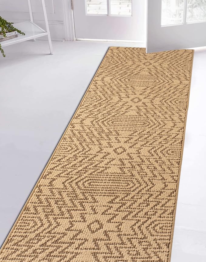 Custom Length Cut to Size Tribal Ethnic Southwestern Inspired Hallway Runner Rug, Non Slip Rubber Backed, 31 inch Wide X Customized Length, Inca Tan, 31 inch X 4 feet, Doormat Size