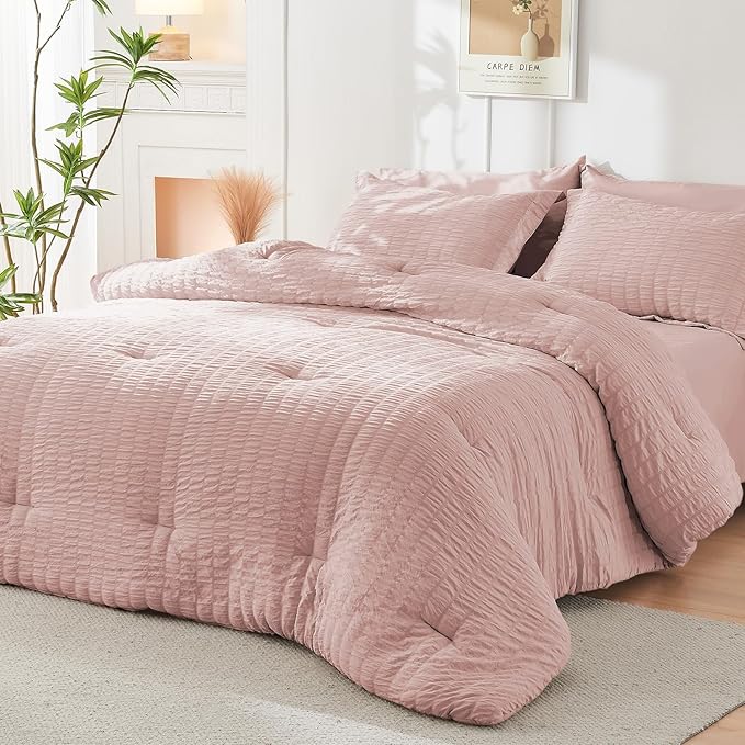 HYMOKEGE Rose Gold Twin Comforter Set Seersucker 5 Pieces, All Season Luxury Bed in a Bag Queen for Bedroom, Bedding Set with Comforter, Sheets, Pillowcase & Sham