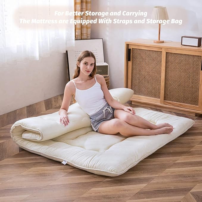 MAXYOYO Japanese Floor Mattress Futon Mattress, Thicken Sleeping Pad Foldable Roll Up Floor Futon for Adults Tatami Mat Dormitory Bed Lounger, Off White, Full Size