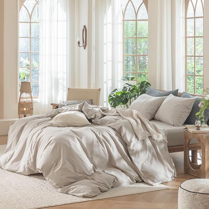 MooMee Bedding Duvet Cover Set 100% Washed Cotton Linen Like Textured Breathable Durable Soft Comfy (Solid Light Tan, Full 80"x90")