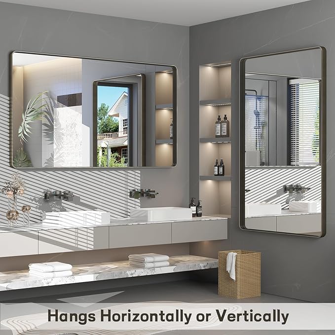 48x30 Bronze Framed Bathroom Mirror, Rectangle Brushed Bronze Metal Vanity Mirror, Bronze Modern Mirror for Wall, Tempered Glass, Anti-Rust, Shatterproof (Horizontal/Vertical)