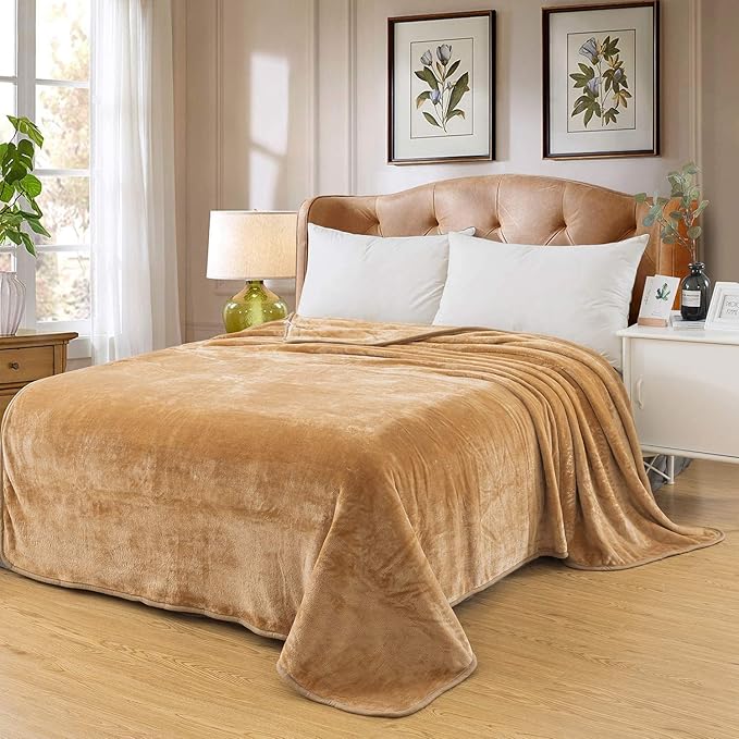 Fleece Blanket Queen Size 350GSM Lightweight Throw for The Bed Extra Soft Brush Fabric Super Warm Sofa Blanket 90" x 90"(Camel Queen)