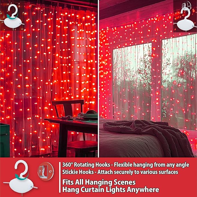 HXWEIYE 300LED Fairy Curtain Lights, 9.8x9.8Ft USB Plug-in 8 Modes Christmas String Hanging Lights with Remote for Bedroom Backdrop Wedding Party Indoor Wall Decor, Red, Standard