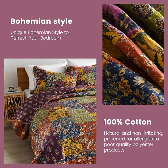 Secgo King Size Comforter Set- 100% Cotton Quilt King Size Set, Green, Sage bedspreads (96 * 108 Inch) with 2 Pillow Shams, Patchwork Reversible Lightweight Bedding
