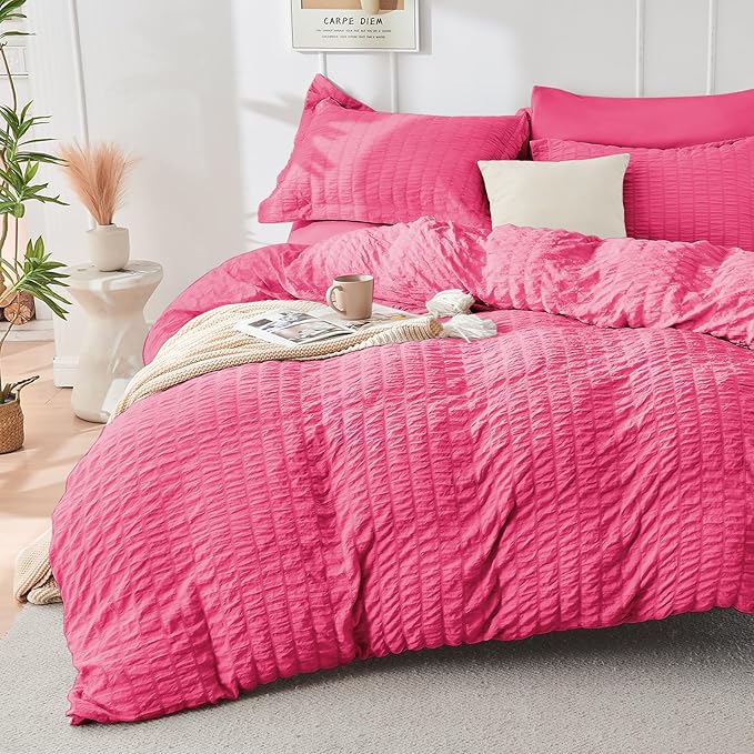 HYMOKEGE Hot Pink Full Size Comforter Sets Seersucker 7 Pieces, All Season Luxury Bed in a Bag for Bedroom, Bedding Set with Comforter, Sheets, Pillowcases & Shams