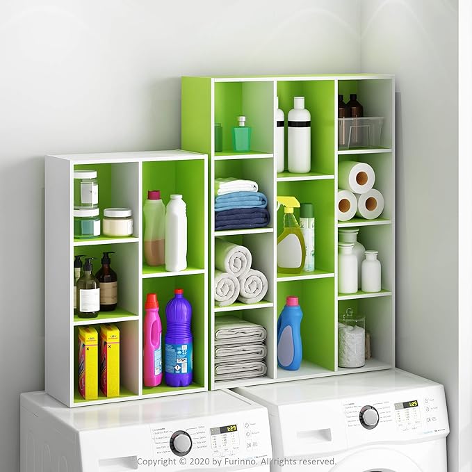 Furinno LUDER Book Shelf, 11-Cube Bookshelf, Reversible Bookcase, 9.4" x 29.1" x 41.7", for Living Room, Bedroom, Home Office, White/Green