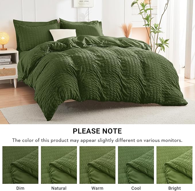 HYMOKEGE Olive Green California King Comforter Set Seersucker 7 Pieces, All Season Luxury Bed in a Bag for Bedroom, Bedding Set with Comforter, Sheets, Pillowcases & Shams