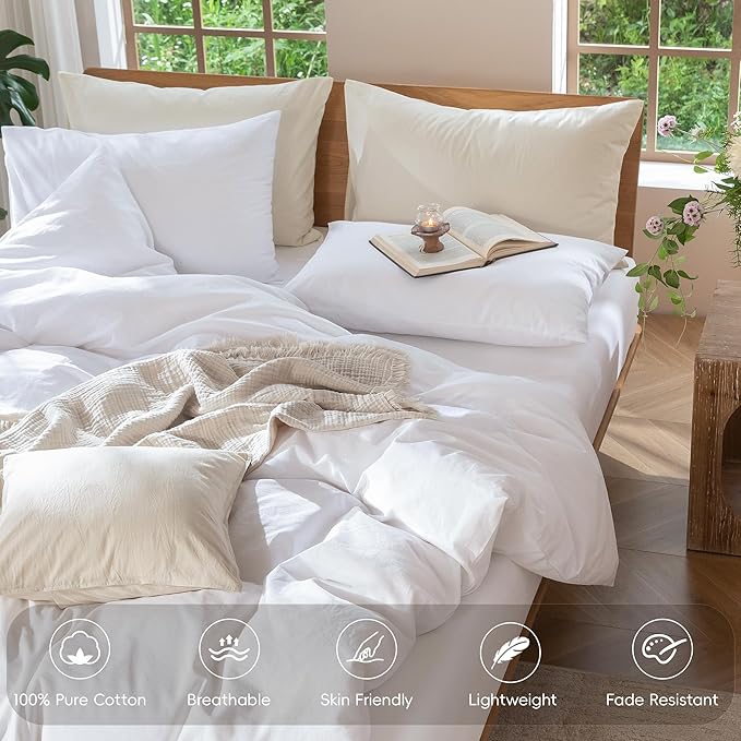 MooMee Bedding Duvet Cover Set 100% Washed Cotton Linen Like Textured Breathable Durable Soft Comfy (Solid Bright White, Oversized King Plus 128"x120")