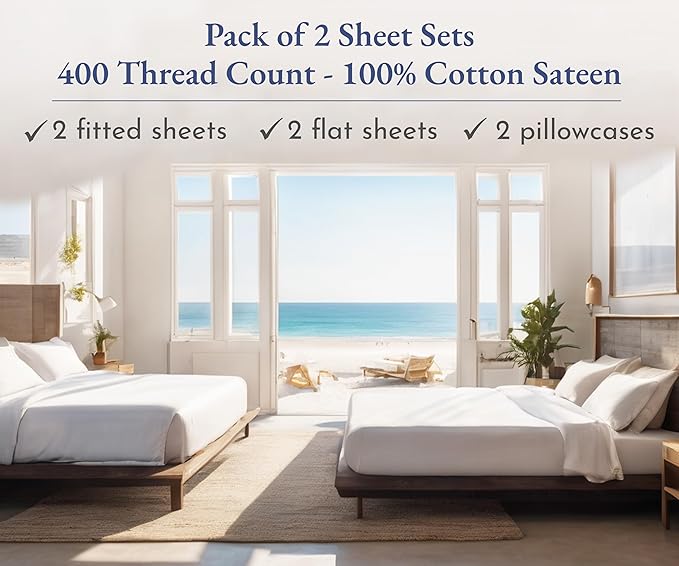 California Design Den 2-Pack Twin Size Bed Sheets Cotton - 400 Thread Count 100% Cotton Sateen - Soft, Breathable & Cooling Sheets, Wrinkle Resistant, 2 Sets of Deep Pocket Bed Sheets - Antique White
