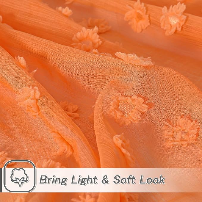 MYSKY HOME Pom Pom Orange Sheer Curtains for Bedroom Girls Room Curtains 84 Inches Long for Nursery Kids Light Filtering Boho Window Drapes, Rod Pocket, 38" Wide, 2 Panels