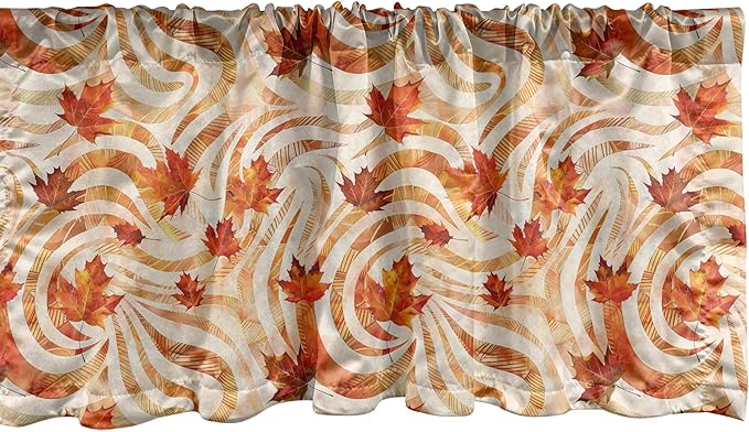 Ambesonne Fall Window Valance, Autumnal Theme with Swirly Intricate Shapes and Flying Leaves Print, Curtain Valance for Kitchen Bedroom Decor with Rod Pocket, 54" X 12", Ginger Marigold and Beige