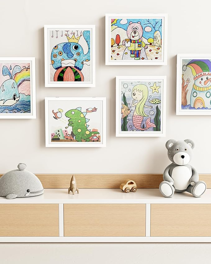 BAIJIALI White Art Frames for Kids Artwork - Front Opening Holds 150 Drawings, 3D Crafts - 4 Packs 8.5x11 with mat or 9x12 without Mat
