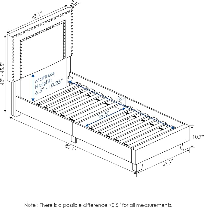 Furinno Laval Double Row Nail Head Upholstered Platform Bed Frame, Twin, Glacier