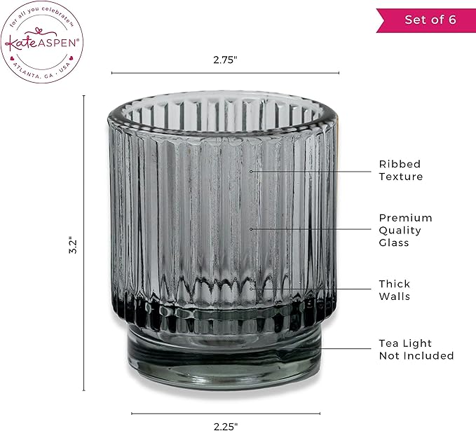 Kate Aspen Ribbed Glass Candle Holder Set - 6 Smoke Gray Tealight Holders for Home, Kitchen, Room or Living Room Decor - Vintage Tea Light Votive Accent for Table or Shelf Styling